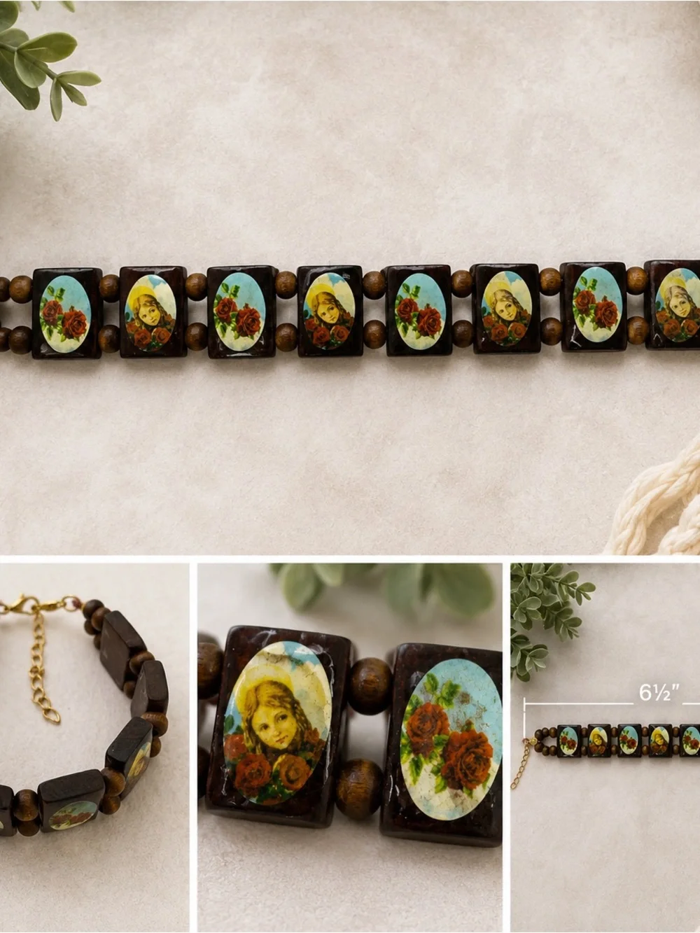 Vintage Style Religious Wooden Bracelet Madonna Rose Catholic 6.5”
